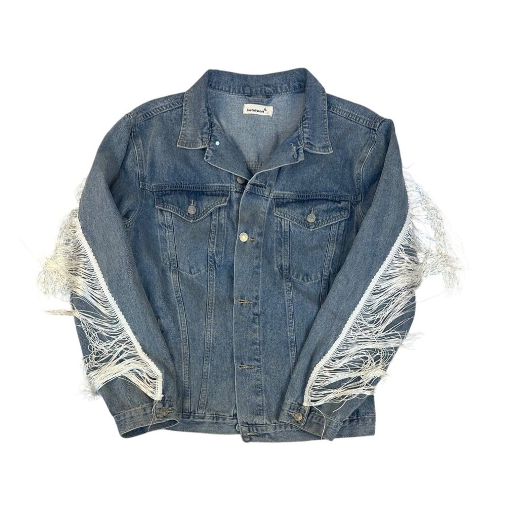 Justalwart Womens Size Large Fringe / Tassel Denim Jean Western Rodeo Jacket